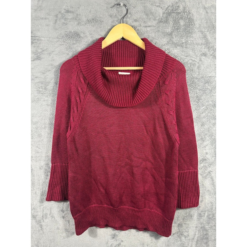 Chicos Cowl Neck Sweater Burgundy Wine Cable Knit Cotton Blend Size 2 L